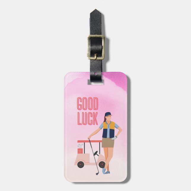 GOLF Lycka till Hälsning Dam Woman Golfer på Rosa Bagagebricka (Vertikal Framsida)