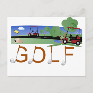 Golf med golfkarts, skjortor och gåvor vykort