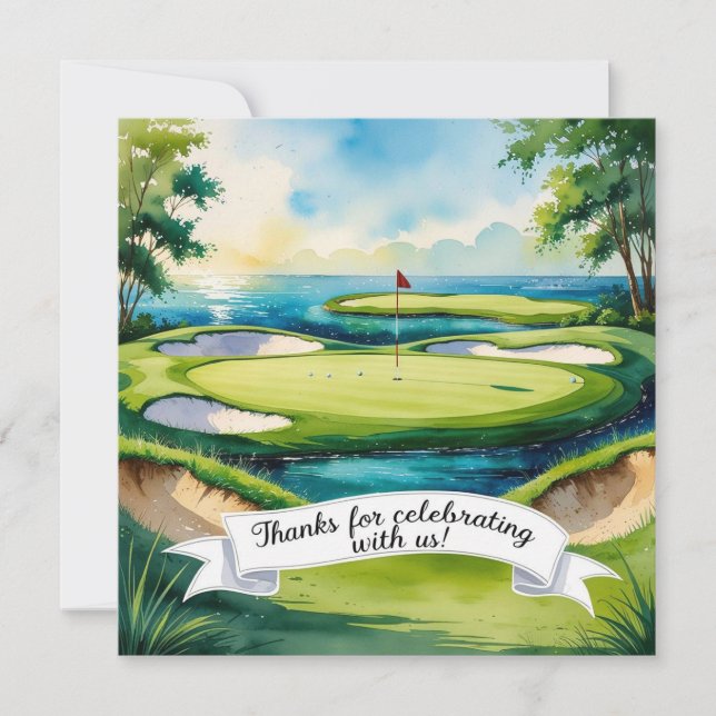 Golf med text på golfbanans vattenfärg stil tack kort (Framsida)