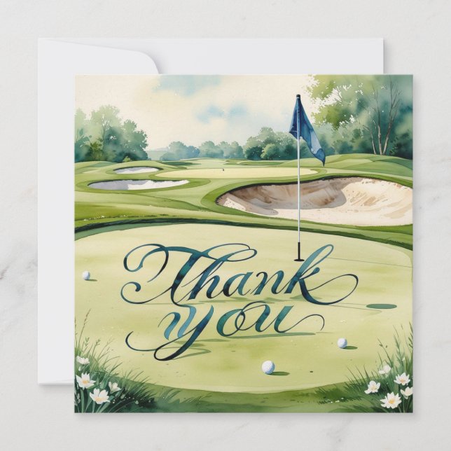 Golf med text på golfbanans vattenfärg stil tack kort (Framsida)