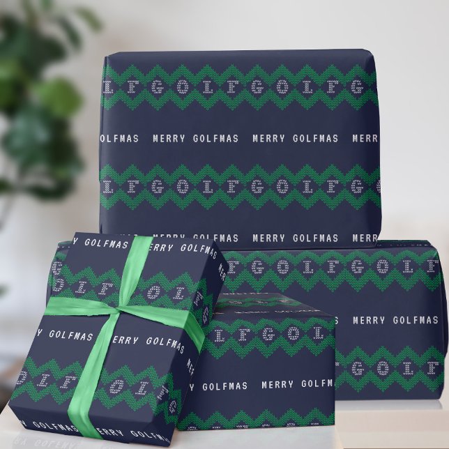 Golf Merry Golfmas Blue och Grönt Wrapping Papper Presentpapper (Merry Golfmas! Here's some wrapping paper for all your golfing gifts)