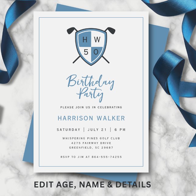 Golf Modern 50th Adult Birthday Party Stylish Blue Inbjudningar (Modern golf crest design with personalized initials and age.)