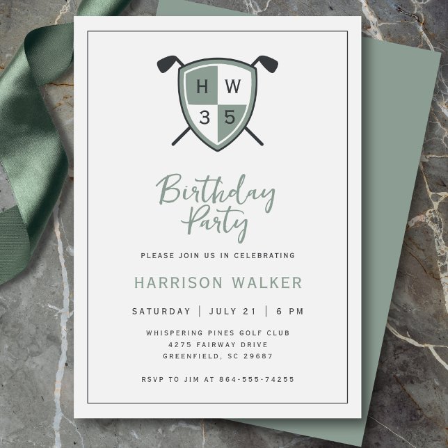 Golf Modern Any Age Birthday Party Stylish Green Inbjudningar (Modern golf crest design with personalized initials and age.)