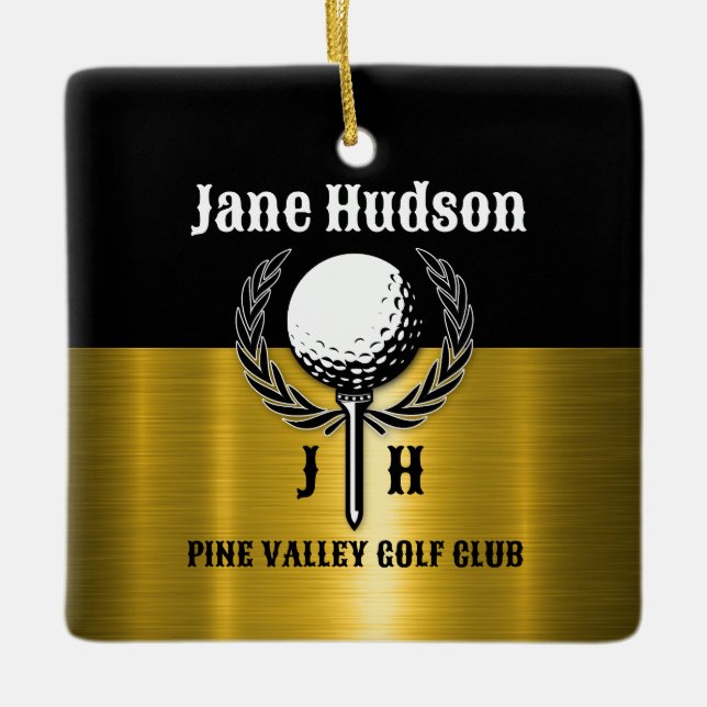 Golf Monogram-design i Anpassningsbarna Braved Gul Julgransprydnad Keramik (Framsida)