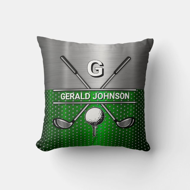 Golf Monogram Metallisk Grönt och Silver Kudde (Framsida)