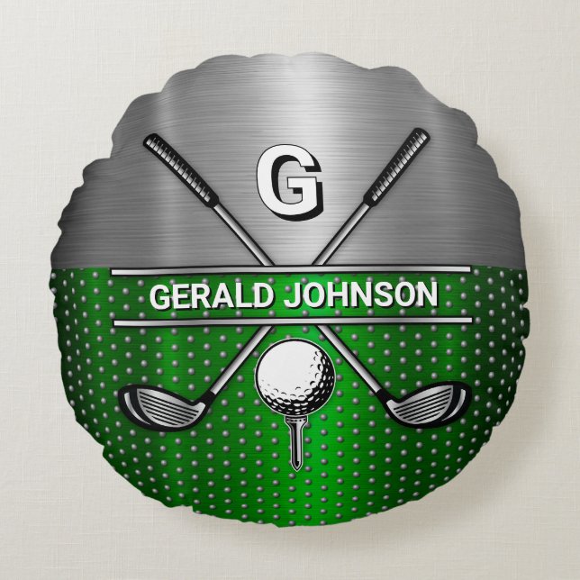 Golf Monogram Metallisk Grönt och Silver Rund Kudde (Framsidan)
