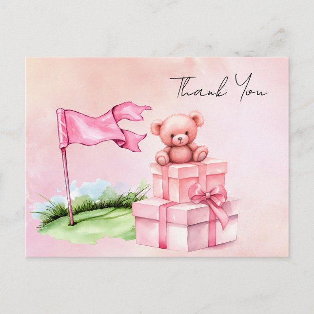 Golf nalle med rosa presentlåda på grönt  vykort (Framsida)