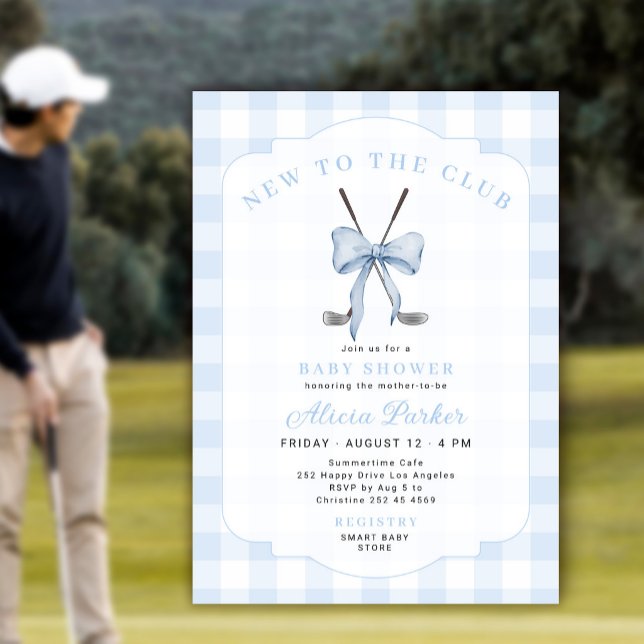 Golf ny i klubben blå gingham baby boy shower inbjudningar (Skapare uppladdad)
