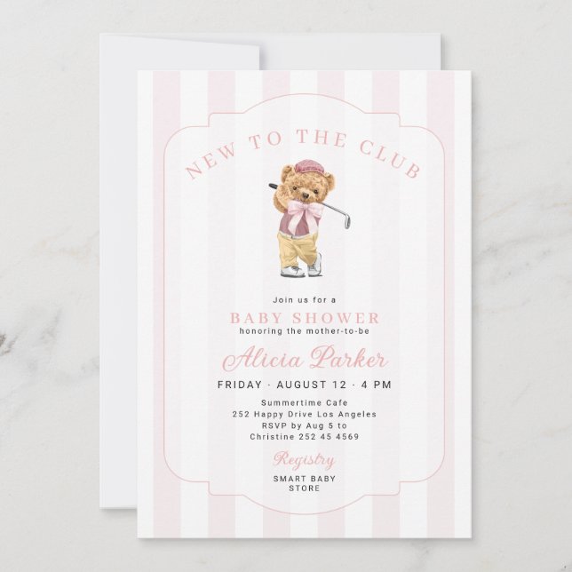 Golf ny i klubben rosa flicka baby shower inbjudningar (Framsida)
