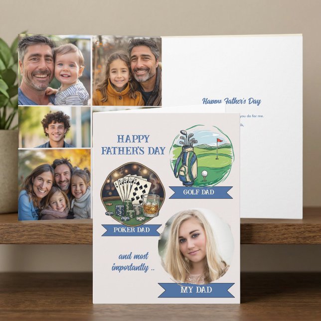 Golf och Poker Min Pappa Fotokollage Fars Dag Kort (Father's day hobbies and photo collage card from the My Dad collection by Darling & May)