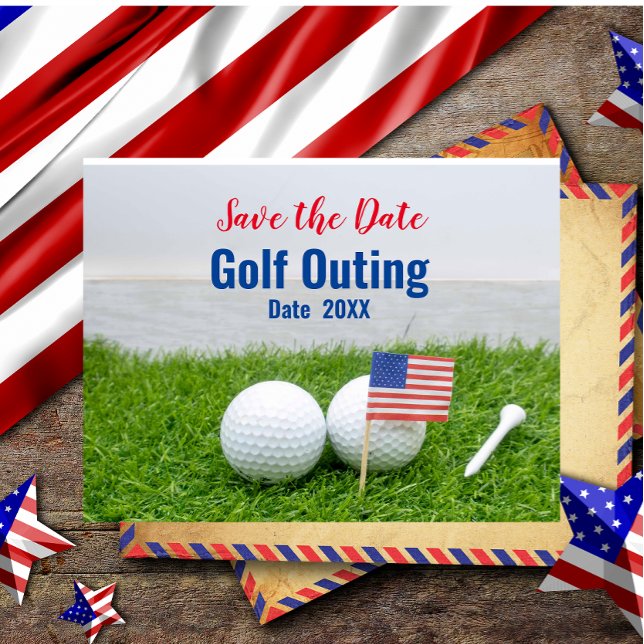 Golf Outing Save the Date with Flagga of America Vykort (Skapare uppladdad)