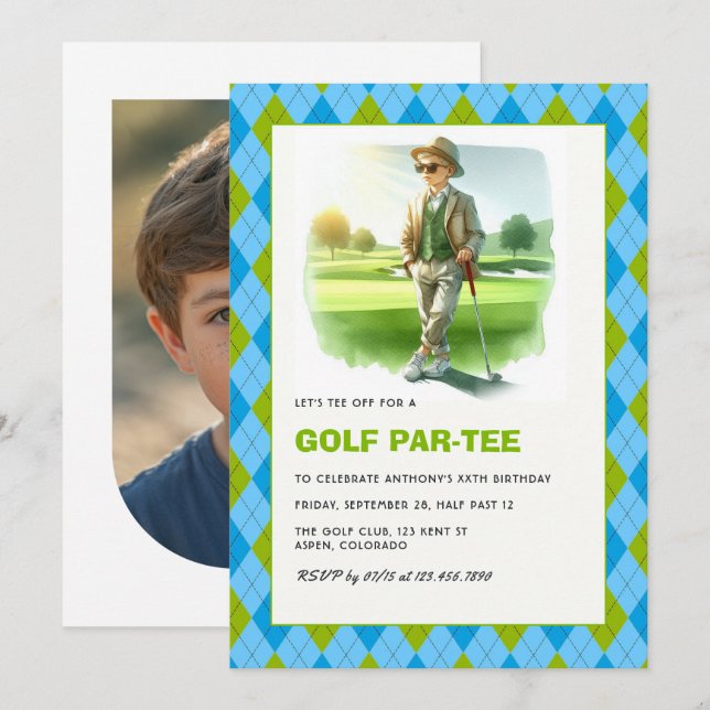 Golf Par-Tee Barn Golf Tema Födelsedagsfest Inbjudningar (Fram/baksida)