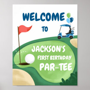 Golf Par-Tee Hål i One Boy Birthday Blue Välkommen Poster