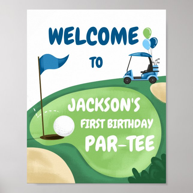 Golf Par-Tee Hål i One Boy Birthday Blue Välkommen Poster (Framsidan)