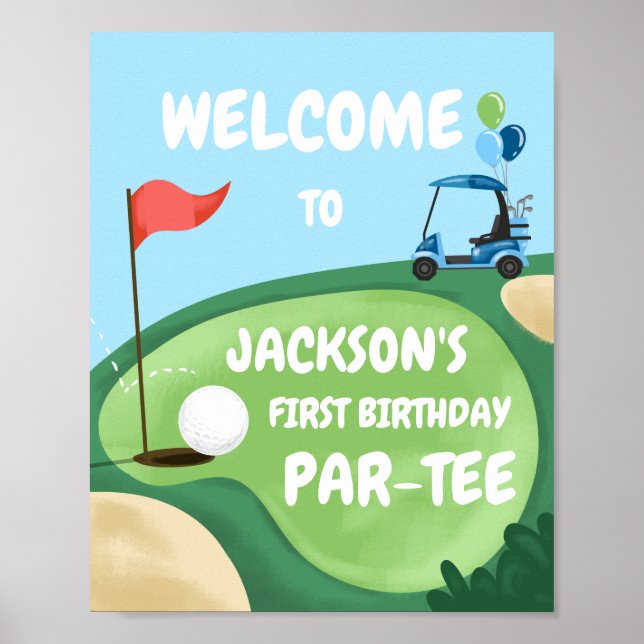 Golf Par-Tee Hål i One Boy Birthday Blue Välkommen Poster (Framsidan)