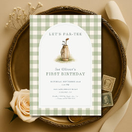 Golf Par-Tee Sage Green Gingham 1st Birthday Inbjudningar