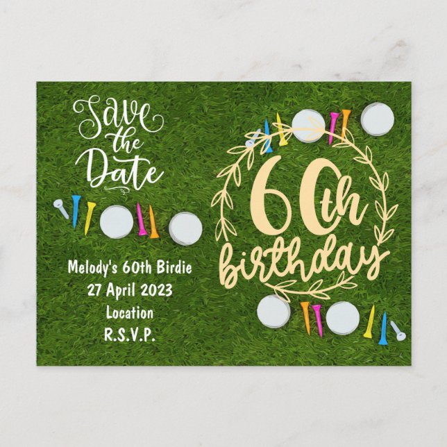 Golf Party-inbjudan Spara datum 60:e födelsedag Inbjudan Vykort (Framsida)