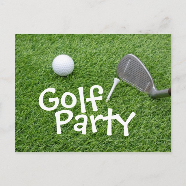 Golf Party med golf boll och T på grönt gräs Inbjudan Vykort (Framsida)