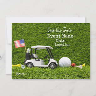 Golf Party med golfvagn och flagga i Amerika Spara Datumet