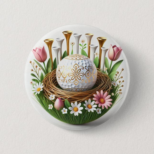 Golf Påsk Helgdag Card med golf boll och blomma Knapp (Framsida)