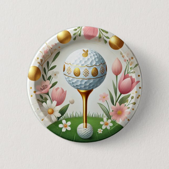 Golf Påsk Helgdag Card med golf boll och blomma Knapp (Framsida)