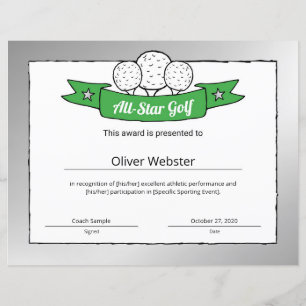 Golf Player Award Golf-certifikat för alla stjärno