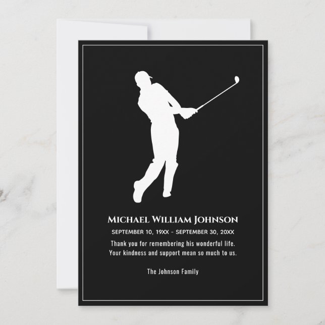 Golf Player Funeral Memorial Black and White Tack Kort (Framsida)