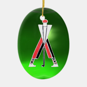 GOLF PLAYER,GOLFER RED RUBY,GRÖNT EMERALD MONOGRAM JULGRANSPRYDNAD KERAMIK