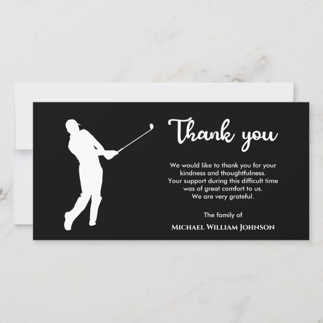 Golf Player Memorial Funeral Black and White Tack Kort (Framsida)