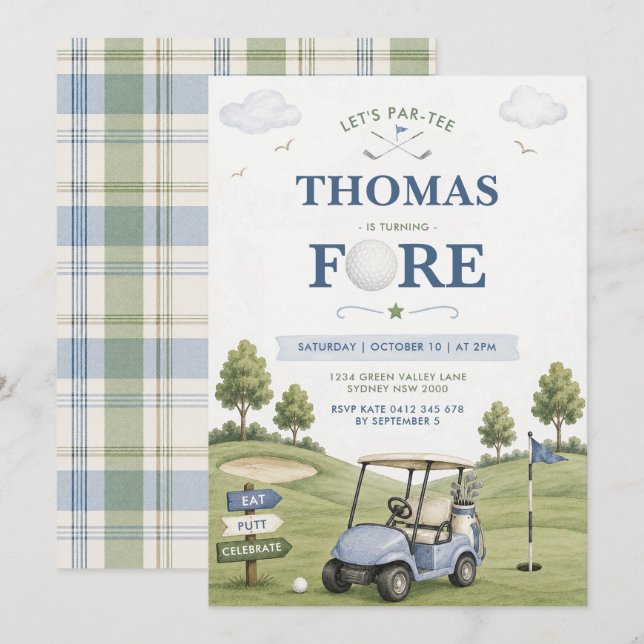Golf Pojke 4-årsdag Inbjudningar (Fram/baksida)