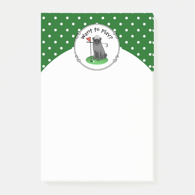 Golf Pug Pay Golf (svart) Cute Hund Funny Post-it Block (Framsida)
