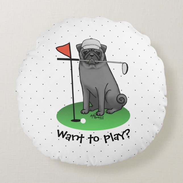 Golf Pug Pay Golf (svart) Cute Hund Funny Rund Kudde (Framsidan)