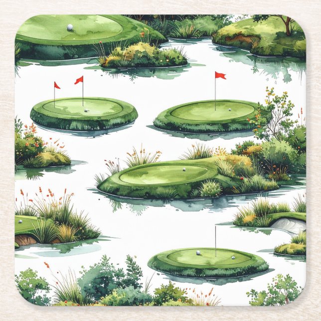 Golf Putting Green med röd flagga Underlägg Papper Kvadrat (Framsidan)