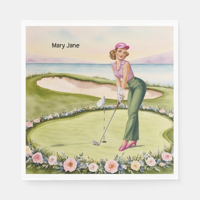 Golf Retro Golf Chic: Kvinnlig Golfare vid Green Pappersservett (Framsidan)