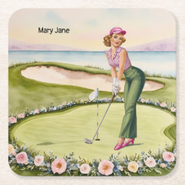 Golf  Retro Golf Chic: Woman Golfer at the Green Underlägg Papper Kvadrat