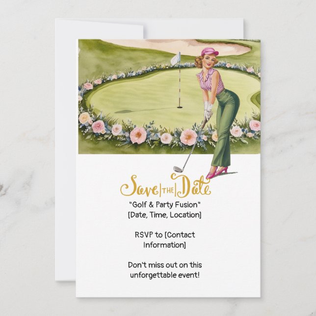 Golf Retro Golf-Chicen: Woman Golfer på Grönten Inbjudningar (Framsida)