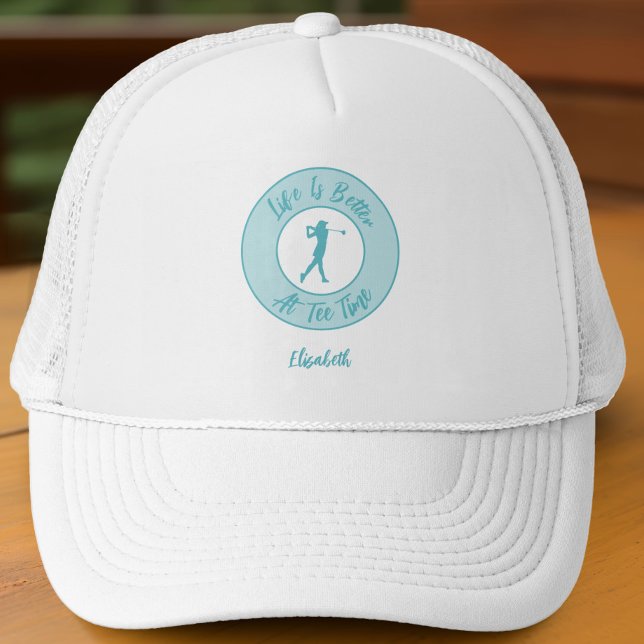 Golf Roliga Damer Golfare Tee Tid Teal Keps (Funny teal trucker hat with name—because tee time deserves a stylish shade.)