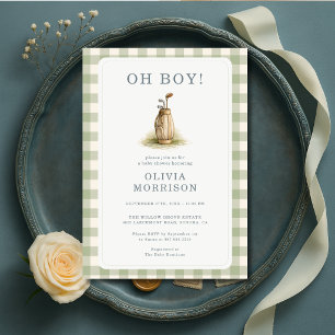 Golf Sagegrön Oh Pojke Gingham Babyfirande Inbjudningar