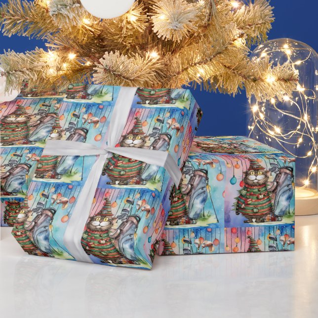 Golf Santa Cat med Bag-julbakgrund Presentpapper (Helgdagar)