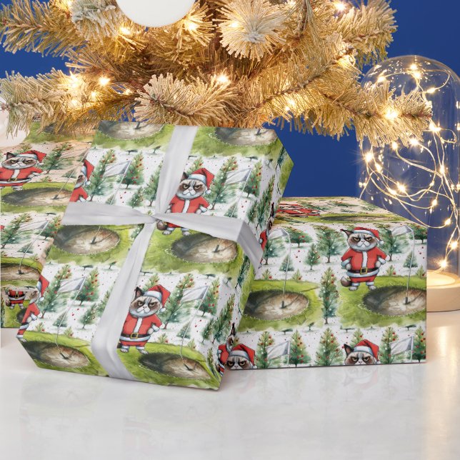 Golf Santa Cat med Golf Flagga julbakgrund Presentpapper (Helgdagar)