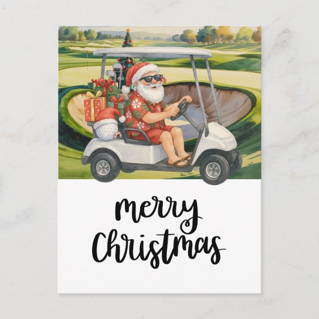 Golf Santa hellf golf cart nära Bunker-jul Helg Vykort (Framsida)