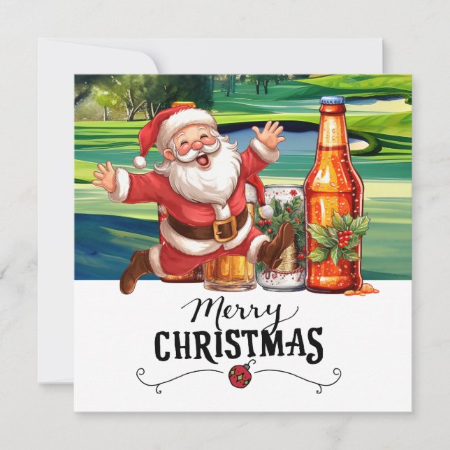 Golf Santa och Beer för julfonen Golfer Julkort (Framsida)