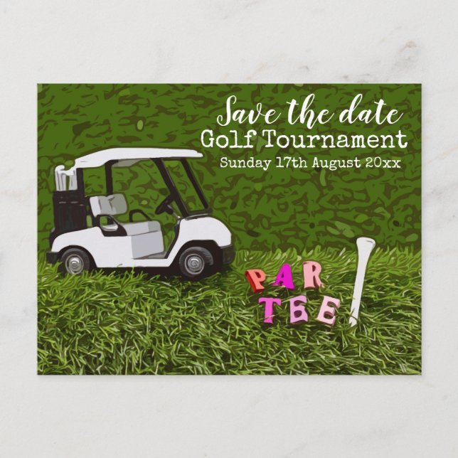 Golf Save date for golf tournament with cart Vykort (Framsida)
