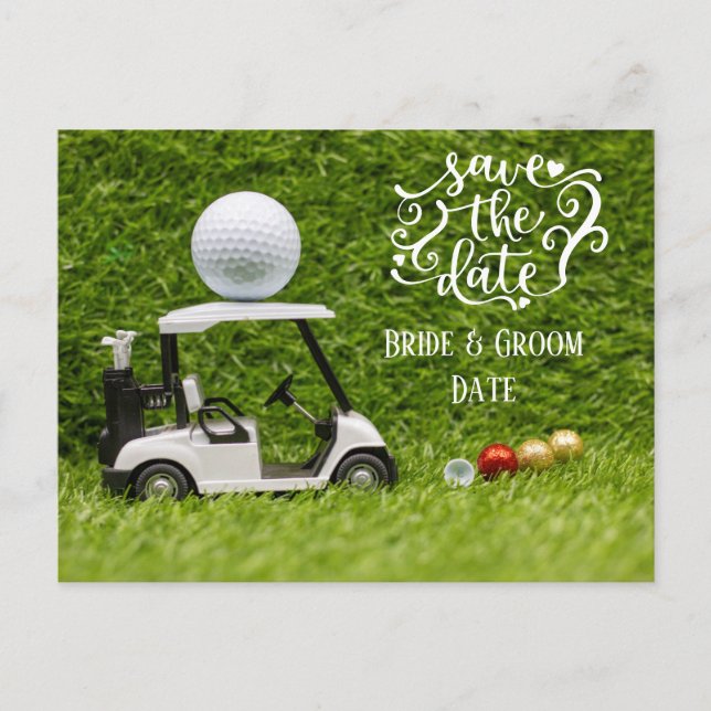 Golf Save Date golf cart och boll på grönt Vykort (Framsida)