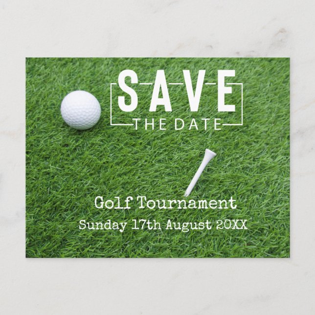 Golf Save date med golf boll på grönt Meddelande Vykort (Framsida)