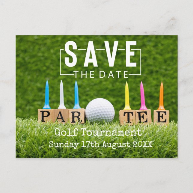 Golf Save date med golf boll på grönt Meddelande Vykort (Framsida)