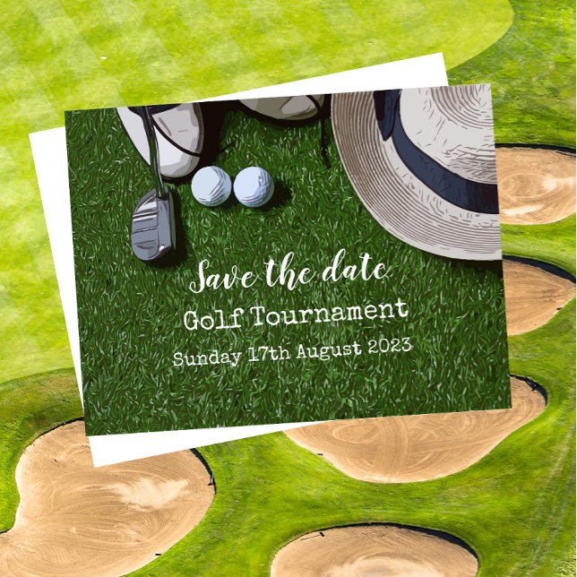 Golf Save date med golf boll på grönt Meddelande Vykort (Skapare uppladdad)