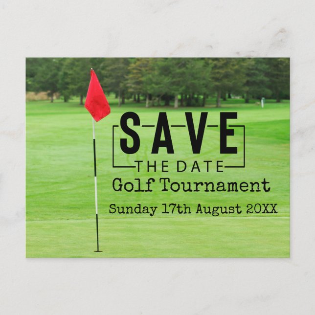 Golf Save date med golf flagga på grönt Meddelande Vykort (Framsida)