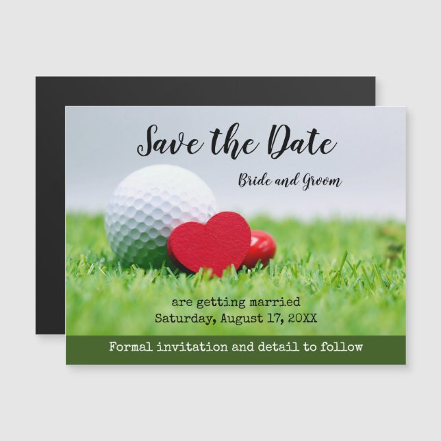 Golf Save dejten med golf och hjärta Magnetic I Magnetisk Inbjudningskort (Fram/baksida)