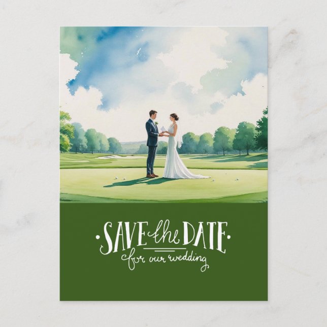Golf save the date for wedding bride groom  vykort (Framsida)